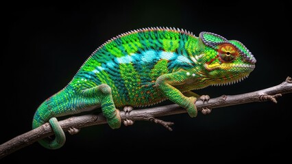 Fototapeta premium A vibrant green chameleon perched on a branch against a dark background