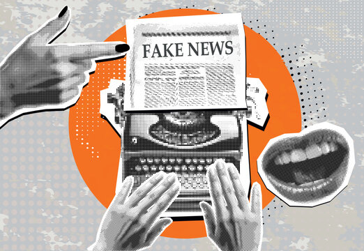 Typewriter printing fake news. Trendy Halftone Collage. Vintage typewriter in dotted texture vintage pop. Fake news concept. Spreading false information on website. Social media propaganda.