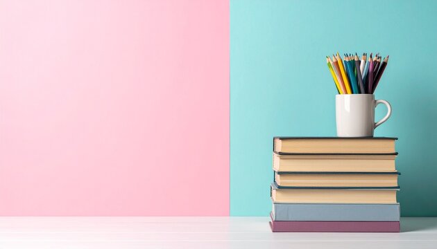 Simple pastel background with books stack and copy space