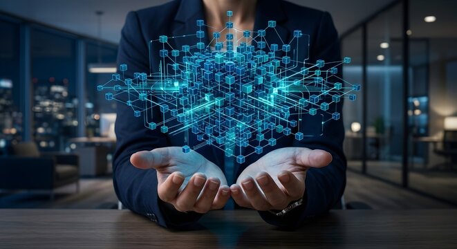 Open Hands Beneath Linked Cubes and Data Channels for Scalable Architecture Concept