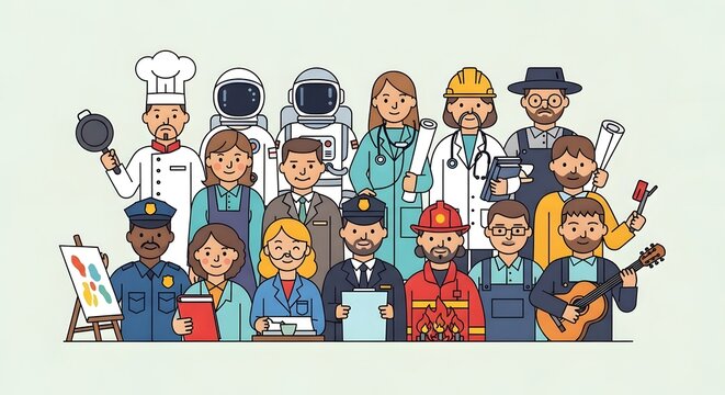 A vibrant, diverse community of professionals standing together, representing various essential careers and fostering collaboration in the modern workforce