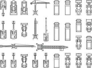 Material handling equipment vector icon set in 2D CAD plan view. Forklifts, lift trucks, cranes and warehouse machinery in technical line drawing style for logistics, industrial layouts, engineering © PrimePixel Co
