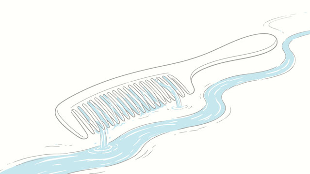 Surreal Minimalist Watercolor Illusion Art Piece Depicting a Flowing River Merging With the Teeth of a Wooden Comb, Playing on Visual Perspective and Imaginative Shape Association