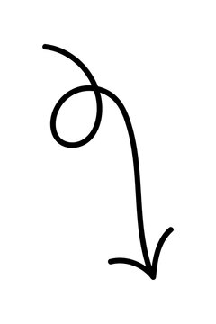 Hand drawn loop downward arrow PNG. Curved swirl arrow with long tail, sketch style directional graphic element for navigation, flowcharts, UI, diagrams, infographics, presentations, design layouts