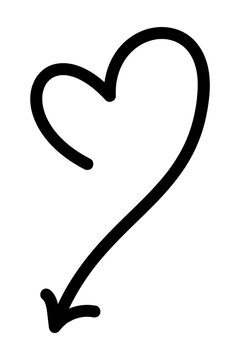Hand-drawn heart arrow doodle in black ink, romantic love symbol with curved tail, sketch-style Valentine brushstroke design, isolated PNG with transparent background. High resolution graphic element