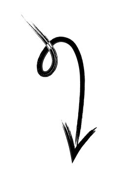 Hand-drawn black ink loop arrow pointing down. Grunge brushstroke spiral doodle, curved sketch-style directional arrow symbol, isolated vector-style design for UI, icons, branding and graphic elements