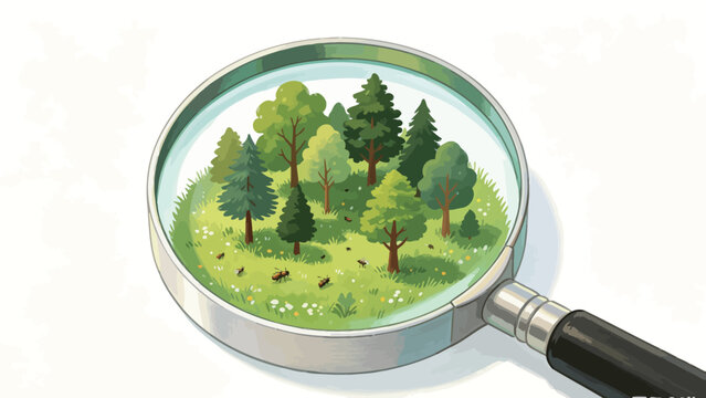 A Creative Illustrated Concept: A Magnifying Glass Framing a Lush Miniature Temperate Forest, Revealing Tiny Ants on Grassy Ground With Wildflowers