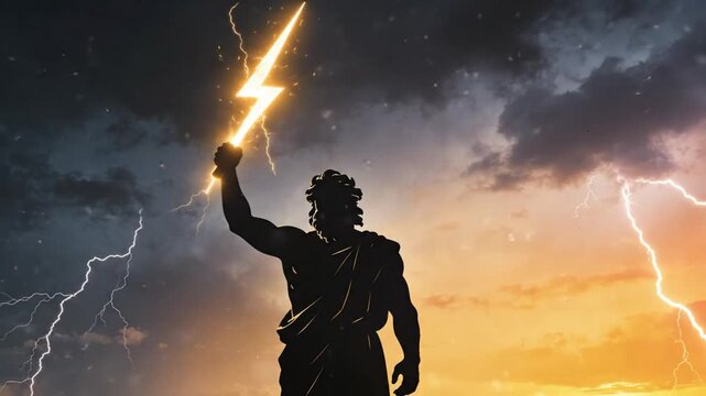 God Zeus Powerful Silhouette Wielding Lightning Bolt Amidst Epic Storm and Fiery Sunset Sky