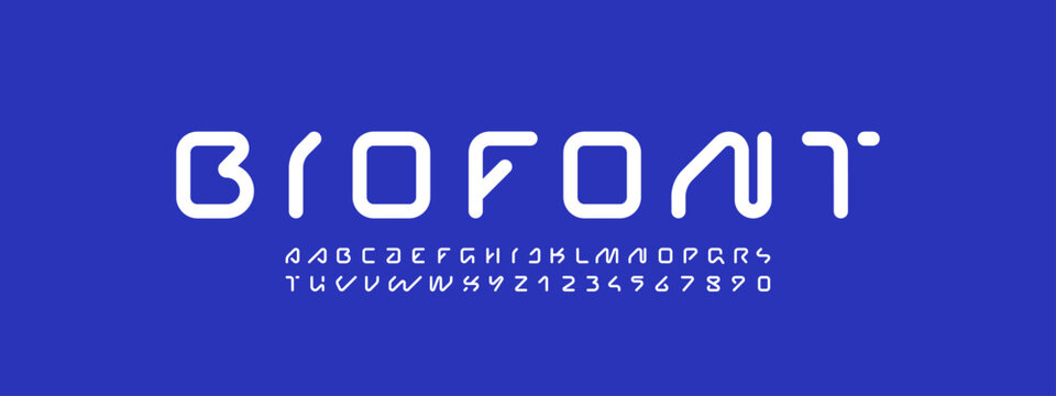 Technical future font, trendy digital cyber alphabet, letters from A, B, C, D, E, F, G, H, I, J, K, L, M, N, O, P, Q, R, S, T, U, V, W, X, Y, Z and numbers from 0, 1, 2, 3, 4, 5, 6, 7, 8, 9 for design