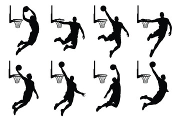 Dynamic silhouettes of basketball players dunking and shooting hoops in mid air action isolated on white background energetic athletic movements © ANTU