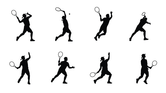 Silhouettes of athletes playing tennis in dynamic poses showing forehand backhand and serve actions in minimalistic black and white style