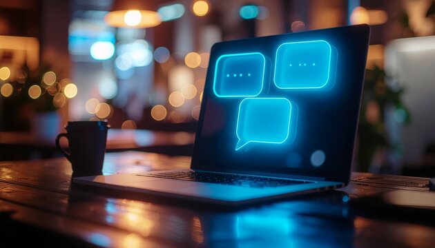 ノートパソコンに浮かぶ発光チャット吹き出しで表現したオンラインコミュニケーションイメージ