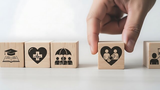 Health insurance wooden blocks, life protection and medical coverage icons, hand arranging wooden cubes for social security and education planning