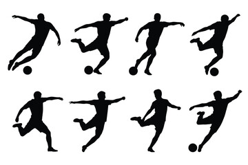 Silhouettes of soccer players performing various dynamic movements including kicking running and jumping with a ball © ANTU