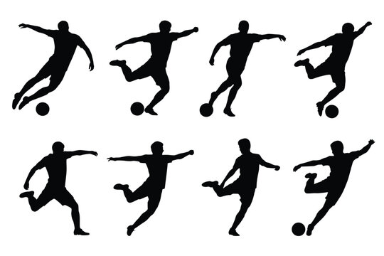 Silhouettes of soccer players performing various dynamic movements including kicking running and jumping with a ball
