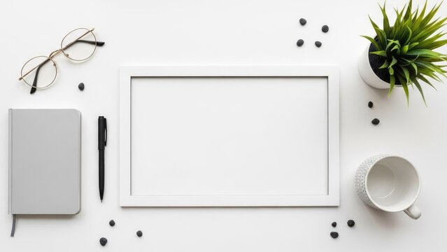 A well-organized workspace with a blank picture frame and office supplies