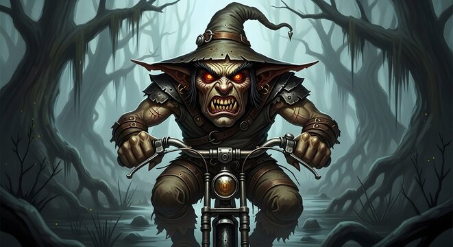 Fearsome goblin with glowing red eyes rides a motorcycle through a spooky, mist-covered swamp, fantasy art