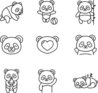 Nine cute panda bear line art icons in various poses