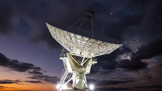 Giant radio telescope dish moving slowly against a dramatic time-lapse sky transitioning from sunset to a star-filled night with milky way animation video footage.