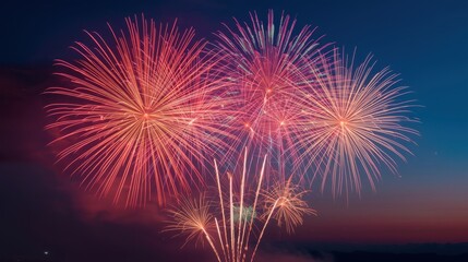 Obraz premium Vibrant colorful fireworks exploding in the twilight sky with bright red orange and pink hues festive celebration