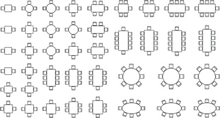 Architectural plan view vector table and chair CAD block set, dining and meeting layouts round square rectangular tables seating arrangements for floor plan and space planning design © PrimePixel Co