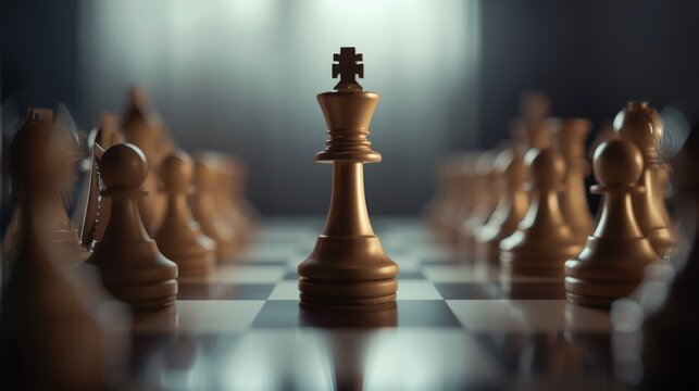 Close up of chessboard with king and queen pieces in strategic position on black and white board