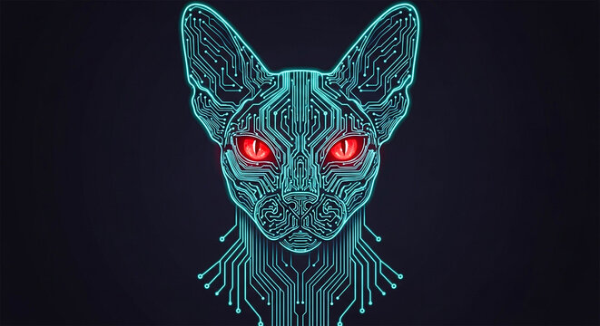 Cybernetic sphinx cat head with glowing red eyes, futuristic circuit board pattern feline portrait, digital robotic animal concept art