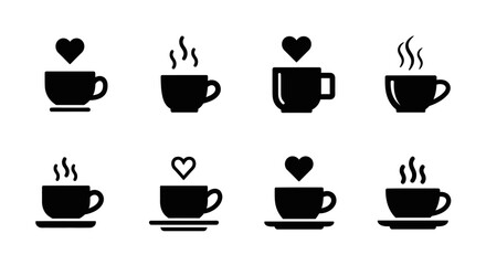 Obraz premium Simple coffee cup silhouette set featuring heart and steam variations for cafe apps. Solid black icons for interface design and morning beverage menu layouts