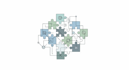 Fototapeta premium Interconnected puzzle pieces forming a complex network diagram, symbolizing integrated solutions, strategic thinking, teamwork, and technological innovation.