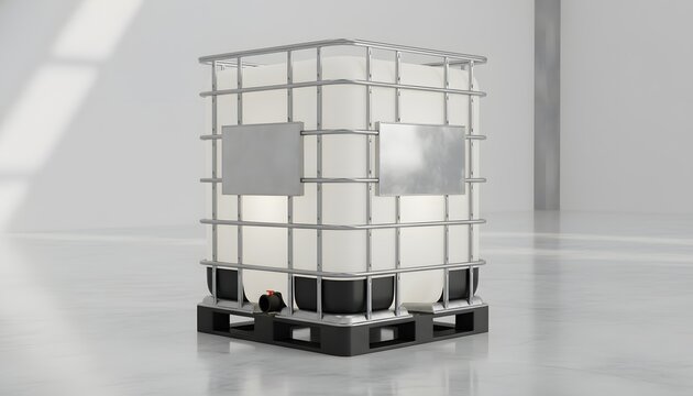 Industrial ibc tote container for logistics and bulk storage concept in a clean minimalist warehouse setting with bright studio lighting