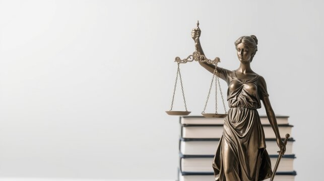 Elegant lady justice themis statue with intricate details scales and sword standing in front of law books symbolizing fairness and justice in a neutral professional setting
