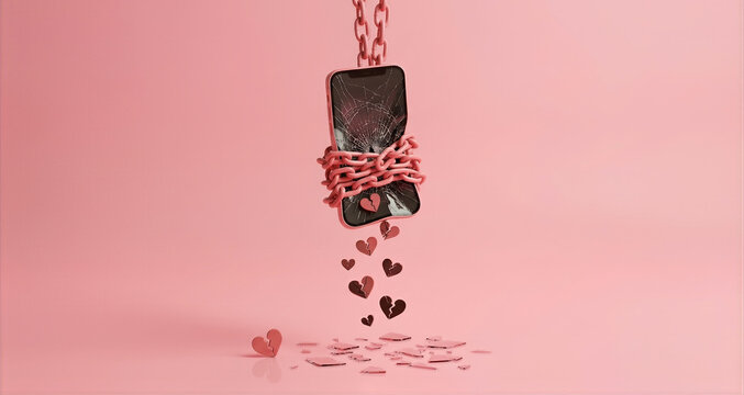 Broken smartphone chained with hearts, toxic relationship and social media addiction concept