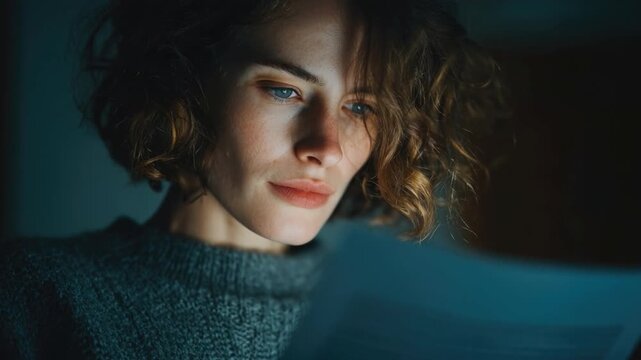 Contemplative Moment: A woman engrossed in a document, her gaze intense as she delves into the depths of thought, revealing a moment of quiet introspection and focused concentration.