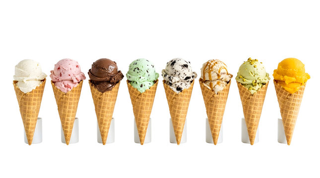 Assortment of colorful ice cream cones lined up on a transparent background