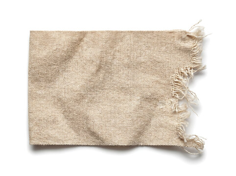 Realistic torn white fabric clothing label mockup with frayed edges