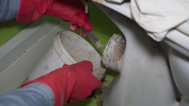 Plumber cleaning a clogged toilet, Cleaning and restoring an old toilet drain connection.