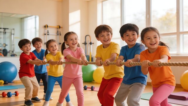 Children playing tug of war in gym