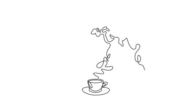 Animated self drawing of continuous line draw of   International Coffee Day World Map with Coffee Cup.   . Full length one line animation. 4K