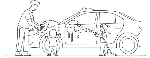 Obraz premium Father and Children Washing a Car Together Line Art Vector Illustration