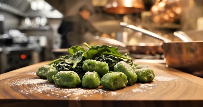 Freshly prepared green gnocchi with spinach, garnished on a wooden board in a bustling kitchen