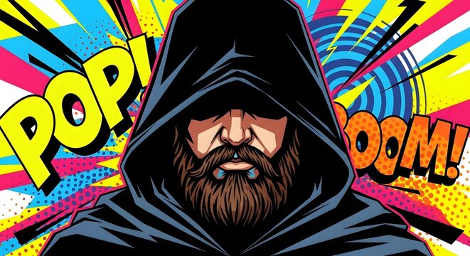 Illustration of a man in a hooded sweatshirt with a beard and mustache against a vibrant comic book-style background with pop and boom text