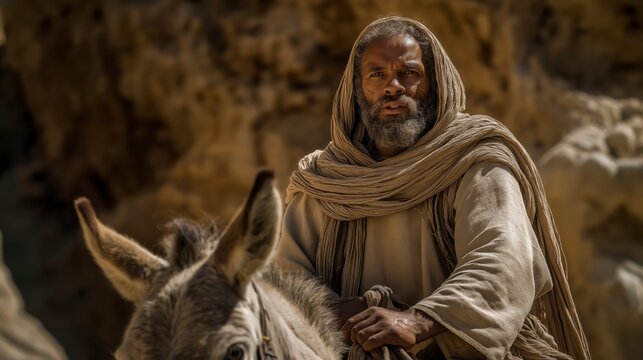Balaam sits frustrated on a halted donkey along a narrow rocky path, tension rising as the animal refuses to move under the harsh desert sun.
