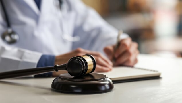 A close-up of a judge"s gavel on a desk with a doctor writing notes in the background, symbolizing legal and medical professions intersecting.