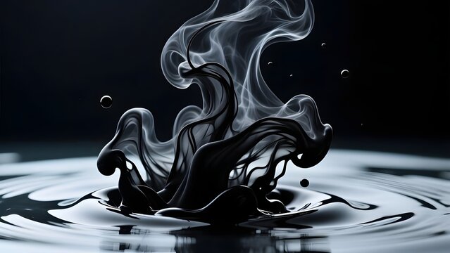 Abstract black liquid splash with rising smoke, dark oil ripple effect on water surface, cinematic fluid motion for luxury brand background