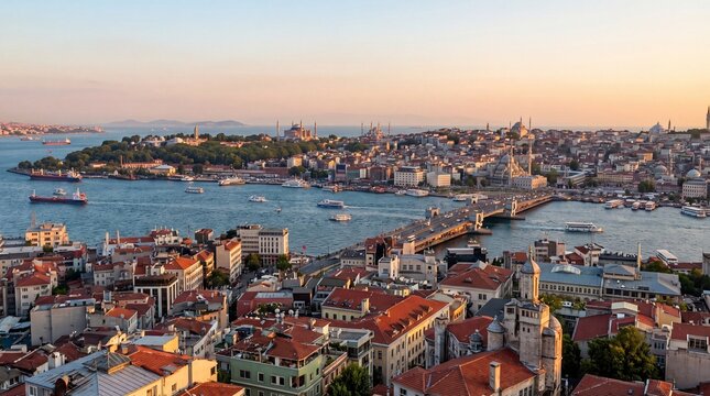 Aerial panoramic view of Istanbul city skyline with Galata Bridge, Golden Horn and historic mosques at sunset, Turkey.