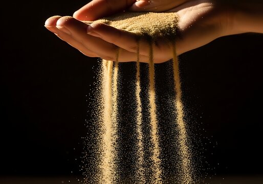 Golden sand slipping through hands against a dark background symbolizing time