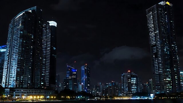 City Skyline Illuminated at Night with Striking Contrast of Light and Darkness