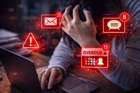 stress while working on laptop with glowing notification alerts and overdue tasks