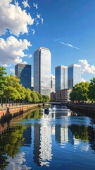 Obraz premium A serene cityscape with a canal, skyscrapers, and lush greenery under a blue sky