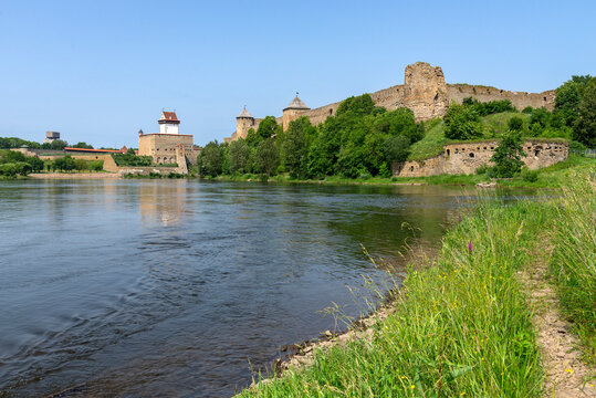 View on ancient fortresses from the Narova River on the border of Russia and Estonia